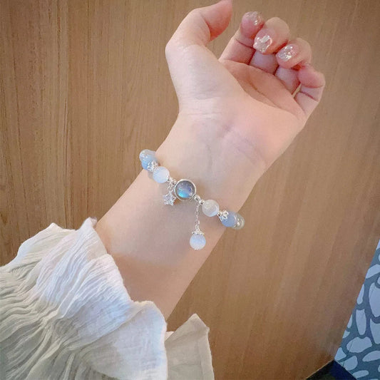 Unique Dreamy Blue Moonstone Cat Eye Pendant Bracelet