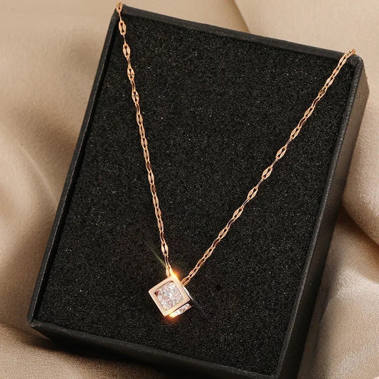 Classic Zircon Crystal Inside Hollow Square Necklace